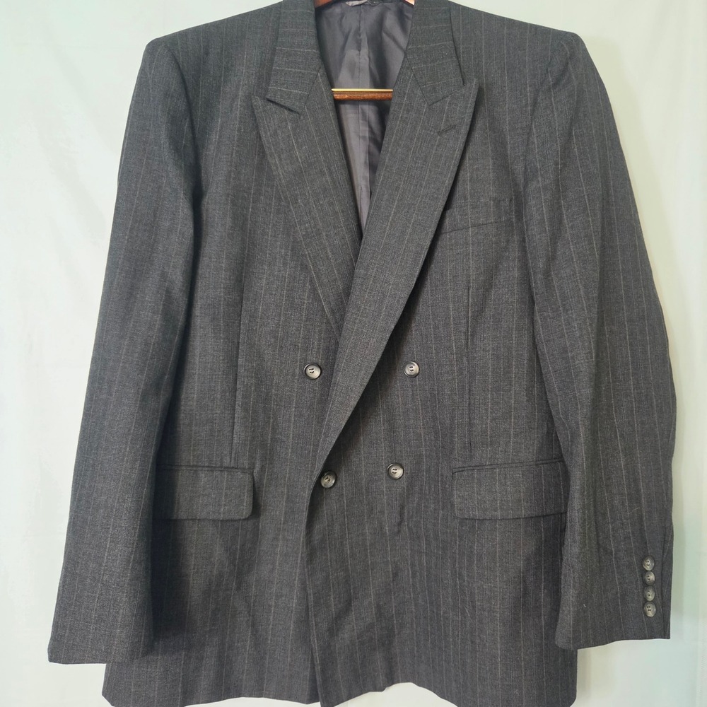 Oakton Ltd Mens 44R Double Breasted Blazer Charcoal Grey Pinstripe Wool Blend
